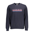 Napapijri blue cotton men's sweatshirt with a crew neckline and relaxed fit, displayed on a hanger.