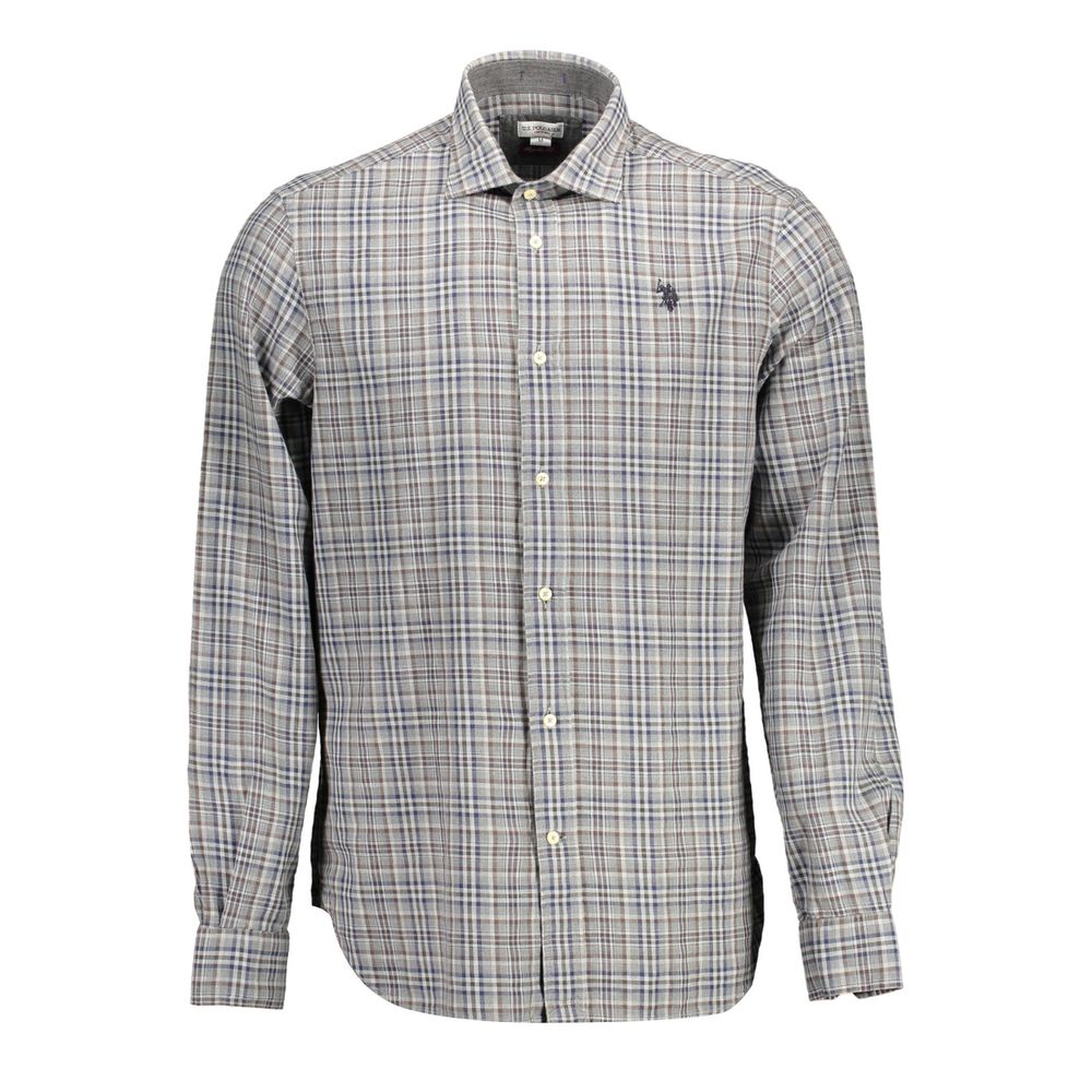 Gray cotton men's shirt from U.S. POLO ASSN., featuring a classic fit and button-down collar, shown on a hanger.