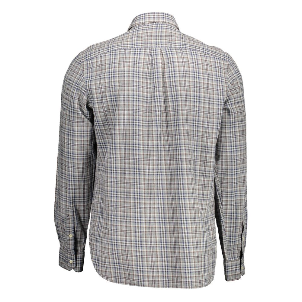 Gray cotton men's shirt by U.S. POLO ASSN., featuring a classic collar and button-down front, displayed on a hanger.