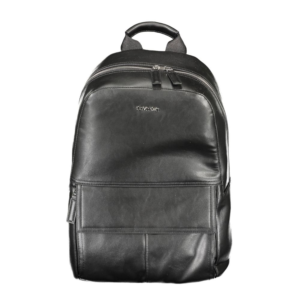 Calvin Klein black polyester men's backpack with multiple compartments and adjustable straps, designed for everyday use.