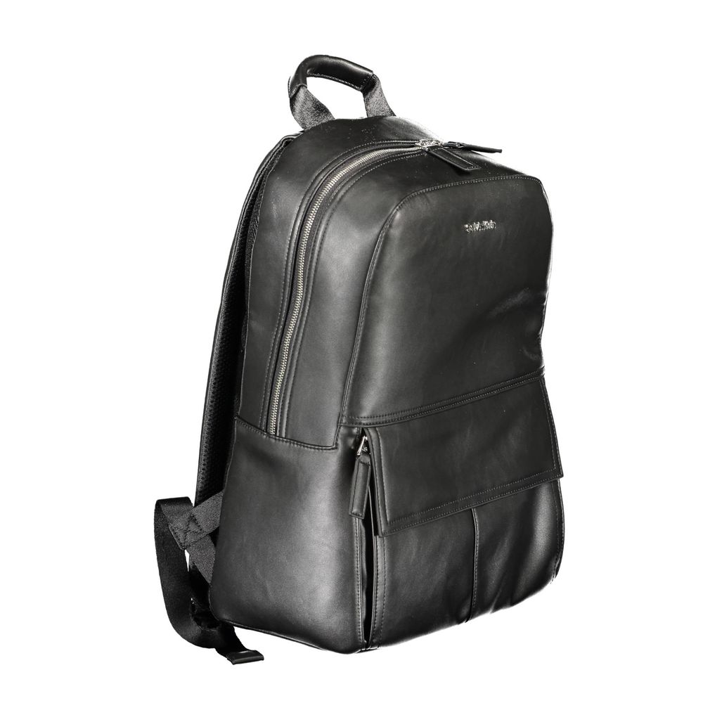 Black Calvin Klein polyester men's backpack with multiple compartments and adjustable straps, suitable for everyday use.