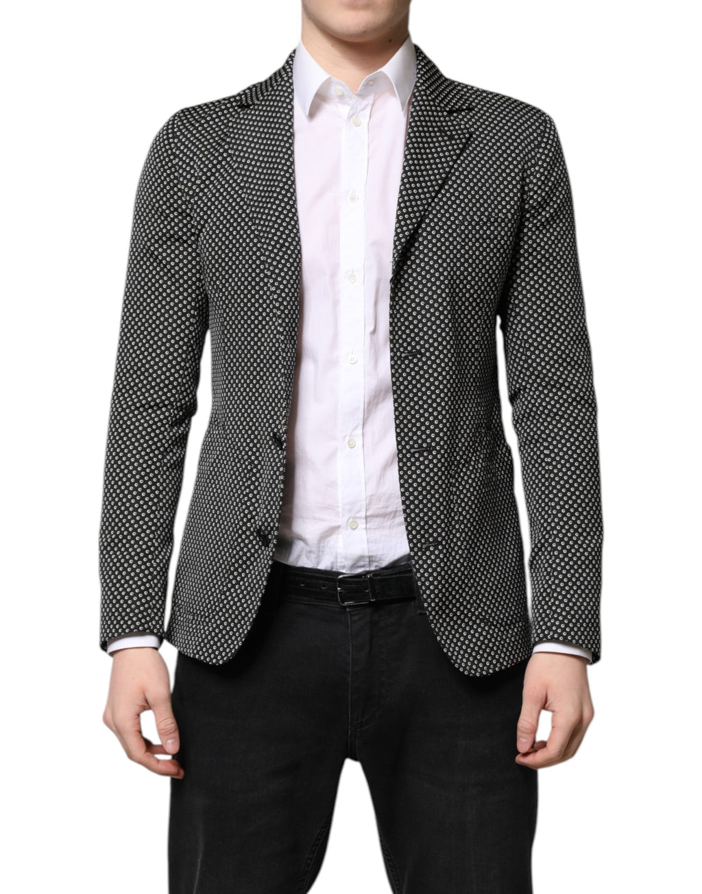 Dark gray and white patterned Dolce & Gabbana men's suit blazer, tailored with a classic fit and stylish design.