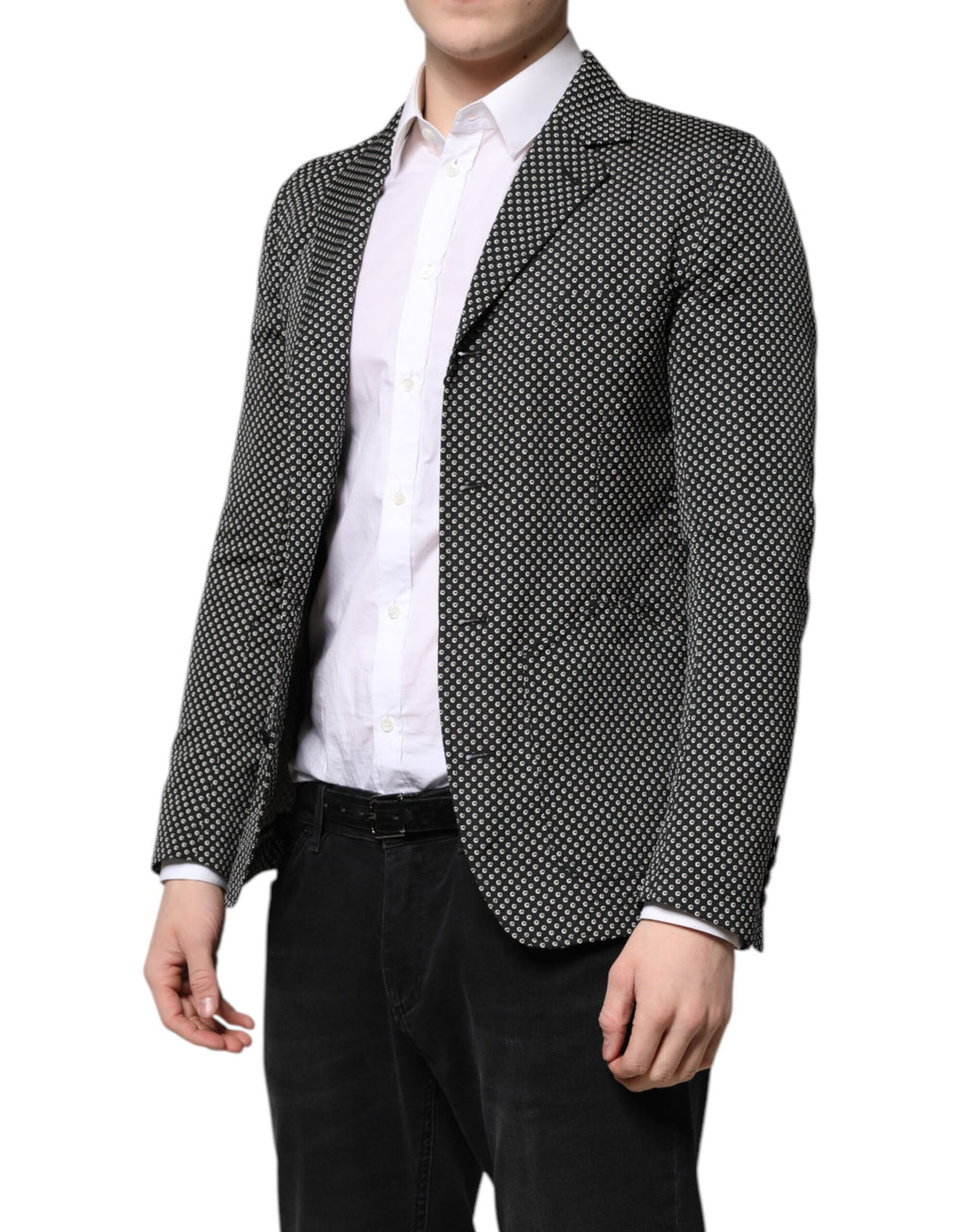 Dolce & Gabbana dark gray and white patterned men's suit coat blazer displayed on a hanger.