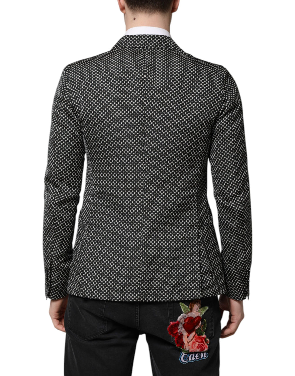 Dolce & Gabbana dark gray and white patterned men's suit coat blazer, tailored fit with stylish design and classic lapel.