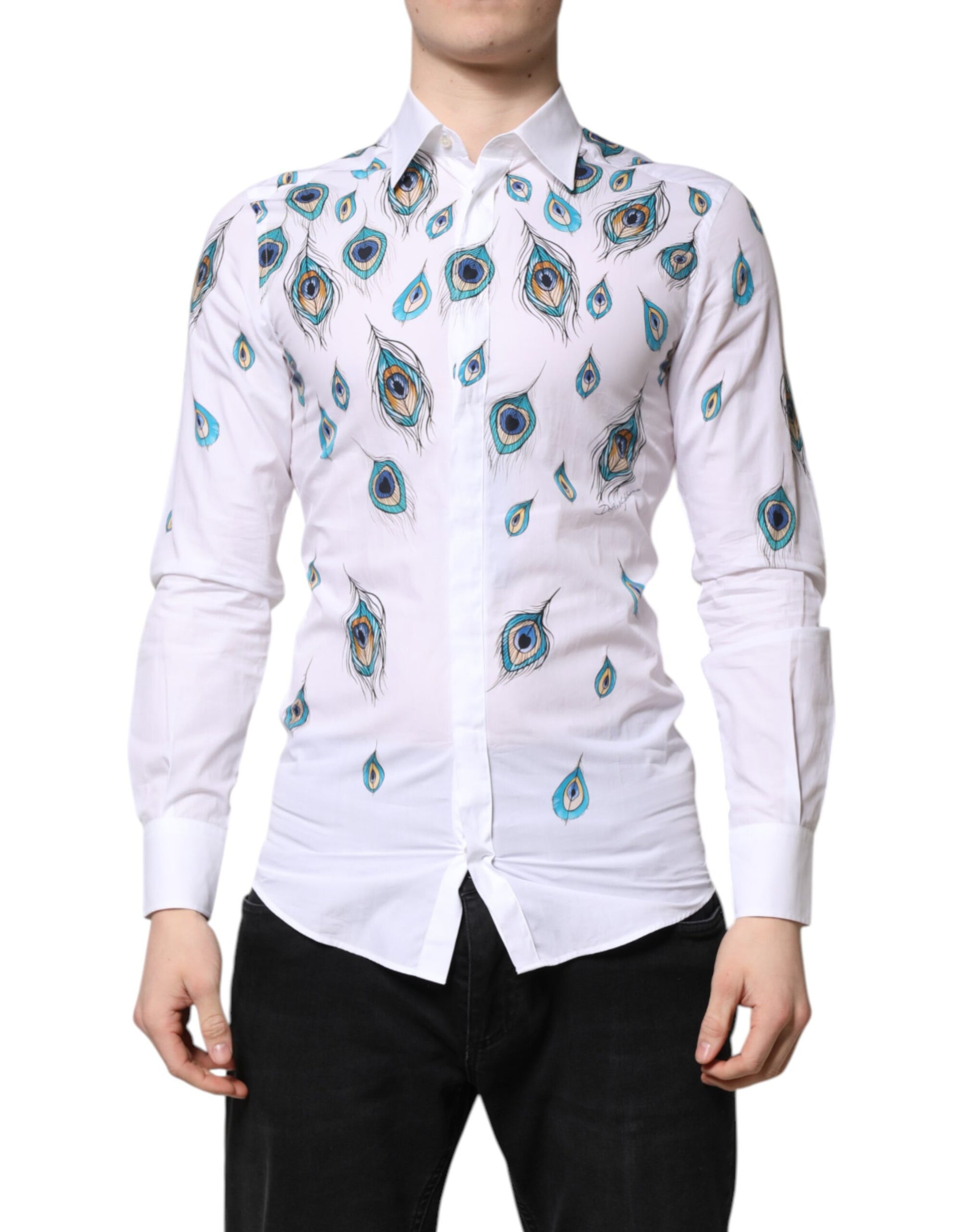 Dolce & Gabbana White Cotton Feather Print GOLD Dress Shirt Dolce & Gabbana