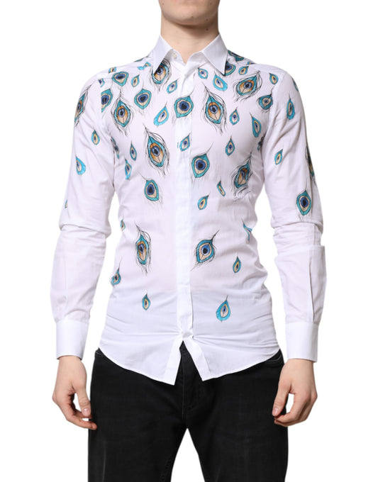 Dolce & Gabbana White Cotton Feather Print GOLD Dress Shirt Dolce & Gabbana