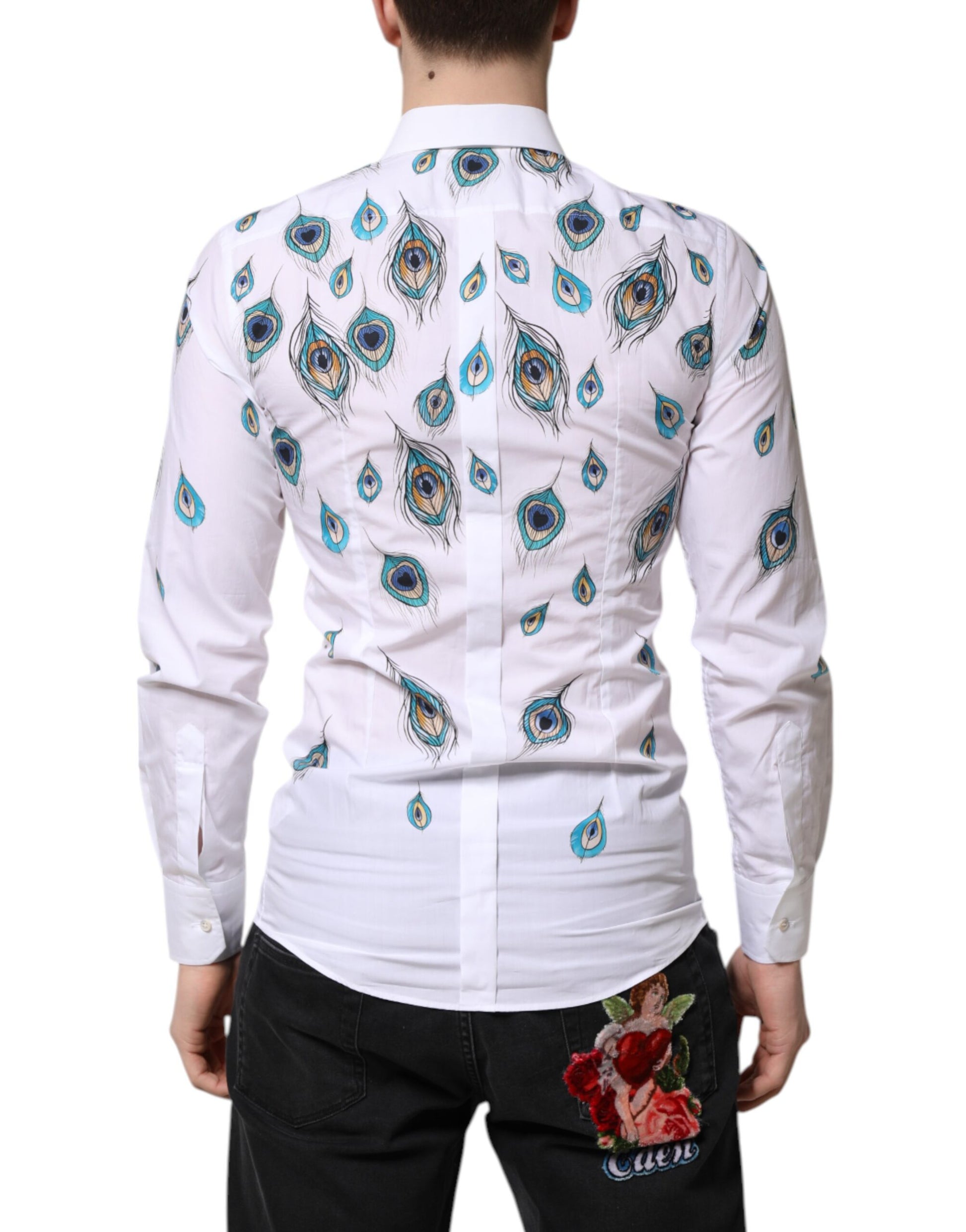 Dolce & Gabbana White Cotton Feather Print GOLD Dress Shirt Dolce & Gabbana