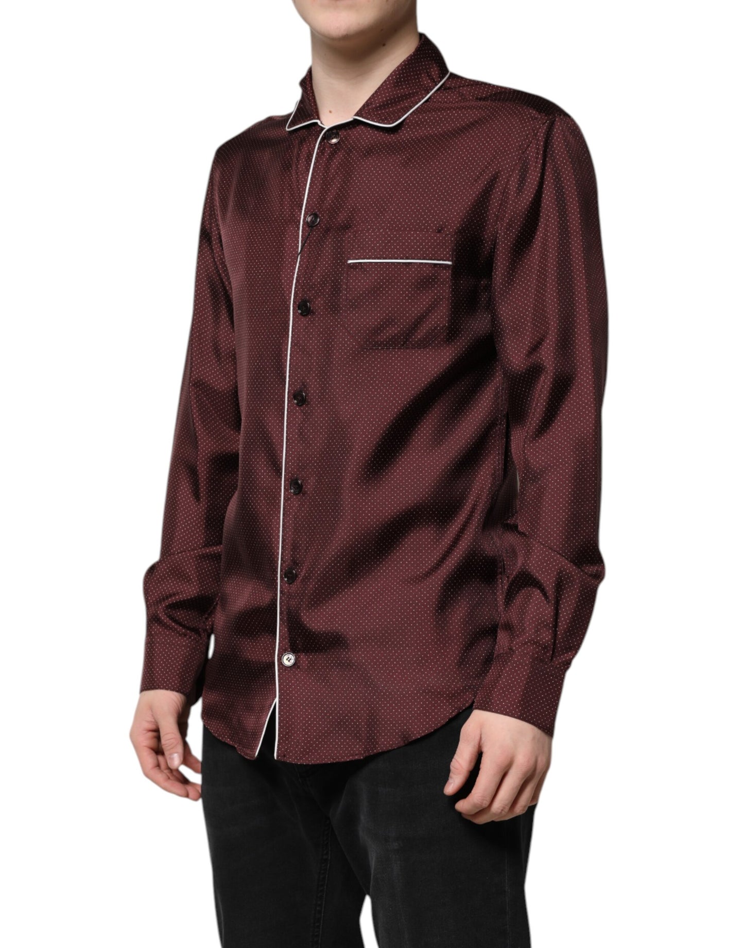 Dolce & Gabbana Burgundy Silk Dotted Long Sleeves Shirt Dolce & Gabbana