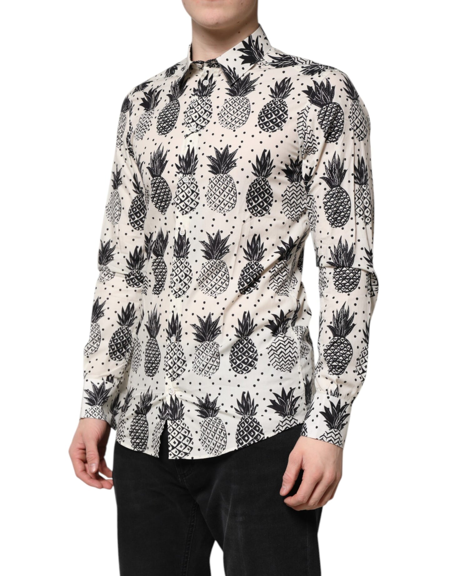 Dolce & Gabbana White Pineapple Print Long Sleeve GOLD Shirt Dolce & Gabbana