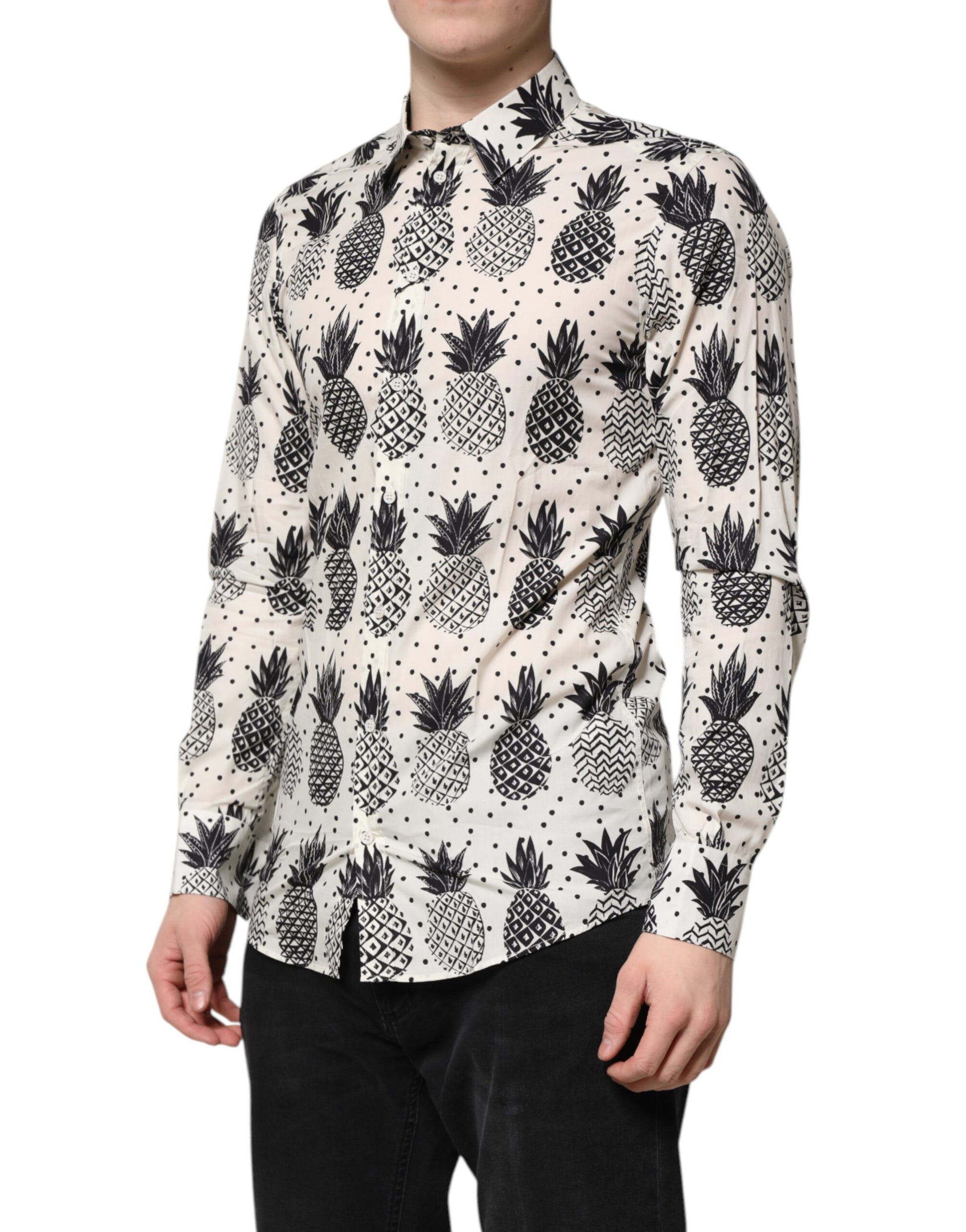 Dolce & Gabbana White Pineapple Print Long Sleeve GOLD Shirt Dolce & Gabbana
