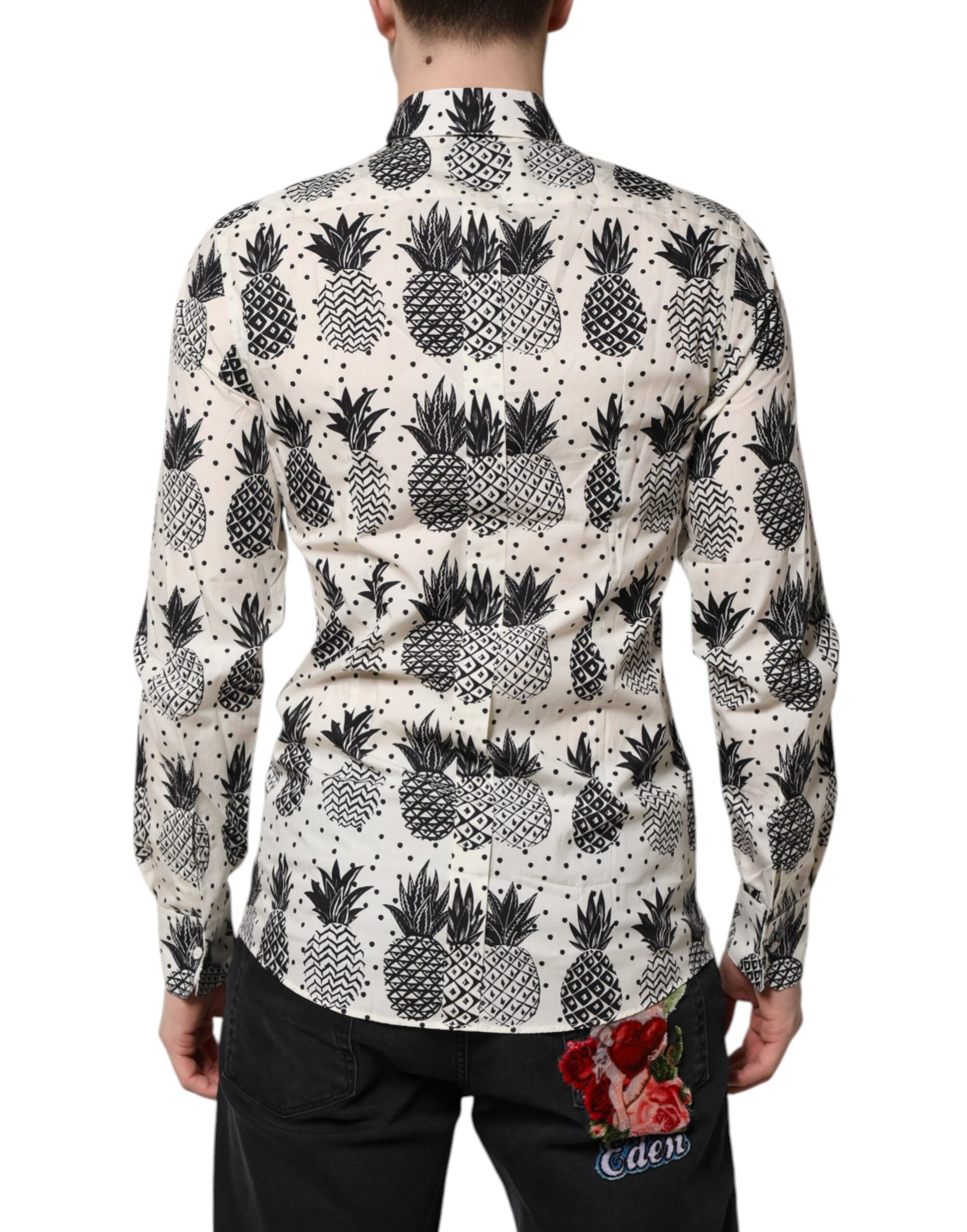Dolce & Gabbana White Pineapple Print Long Sleeve GOLD Shirt Dolce & Gabbana