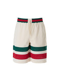 Gucci cream polyester logo shorts with the iconic Gucci monogram and comfortable fit, displayed on a neutral background.