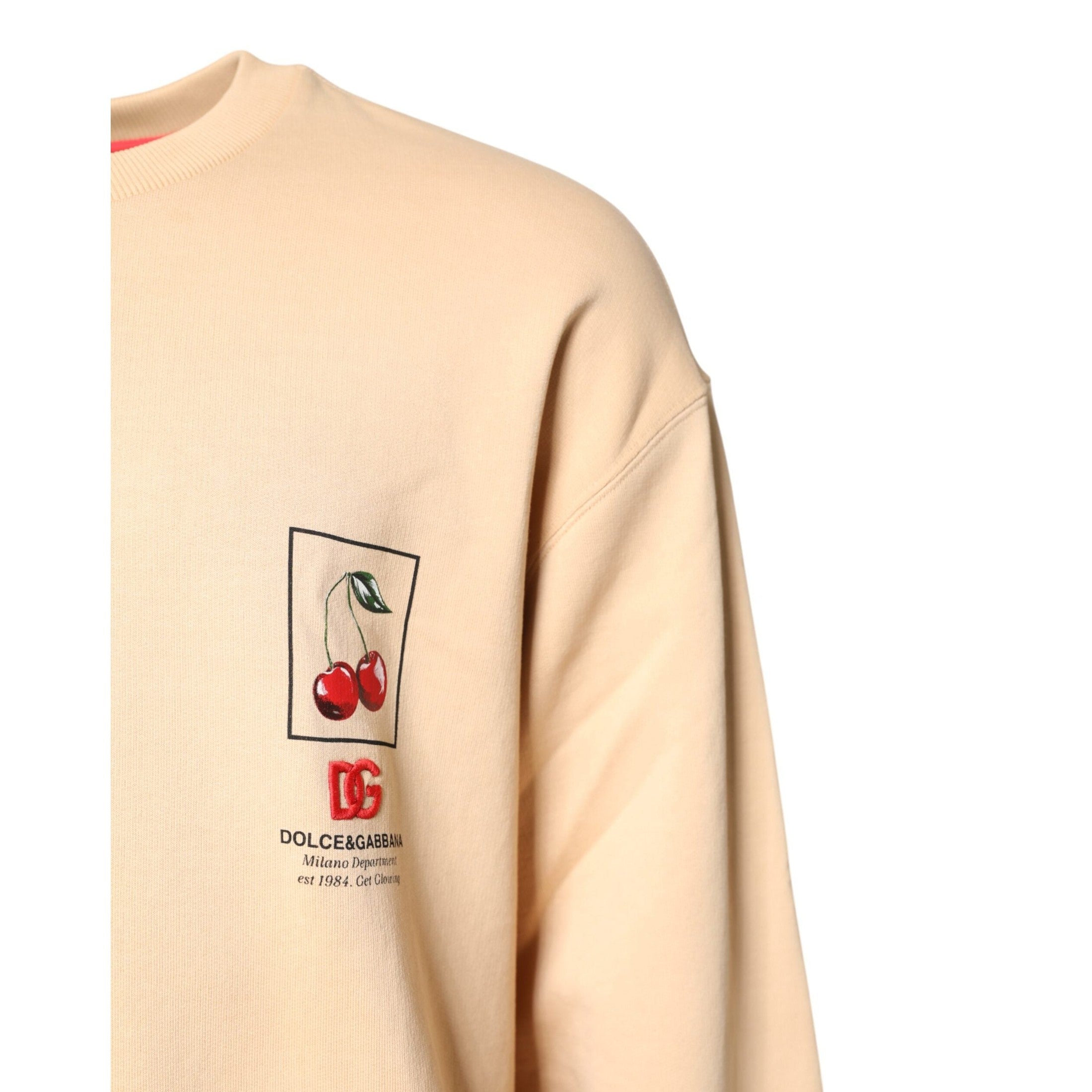 Dolce & Gabbana Beige Cherry Print Crew Neck Pullover Sweater