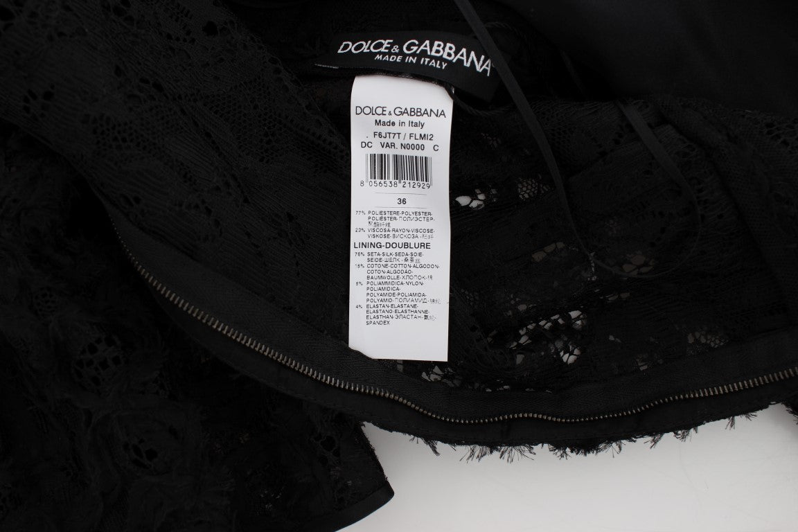 Dolce & Gabbana black floral lace long bodycon maxi dress with fitted silhouette and elegant floral pattern.