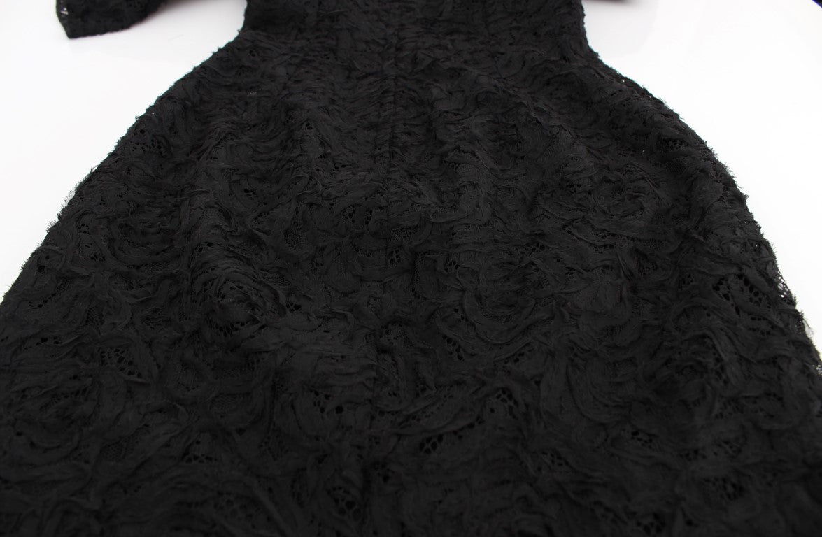 Dolce & Gabbana black floral lace long bodycon maxi dress with fitted silhouette and elegant design.
