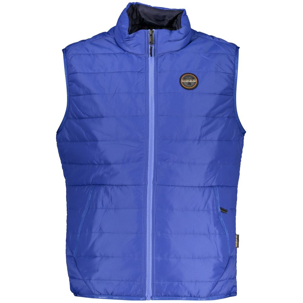 Napapijri blue polyester men's sleeveless jacket with a stand collar and front zipper, lightweight outdoor outerwear.