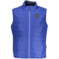 Napapijri blue polyester men's sleeveless jacket with a stand collar and front zipper, lightweight outdoor outerwear.