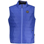 Napapijri blue polyester men's sleeveless jacket with a stand collar and front zipper, lightweight outdoor outerwear.