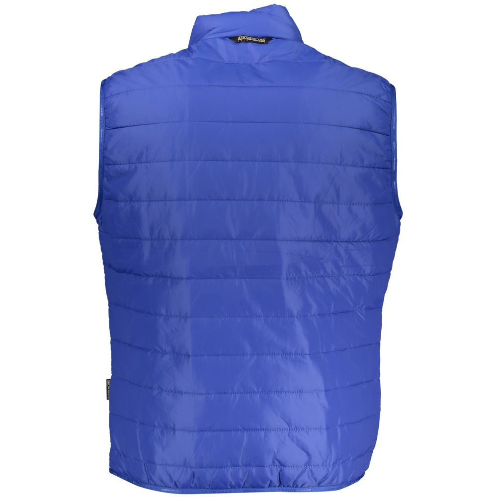 Napapijri blue men's sleeveless jacket made of polyester, with a stand-up collar and front zipper, suitable for outdoor wear.