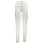 White cotton women's jeans from Calvin Klein with classic fit and five-pocket design, displayed on a plain background.