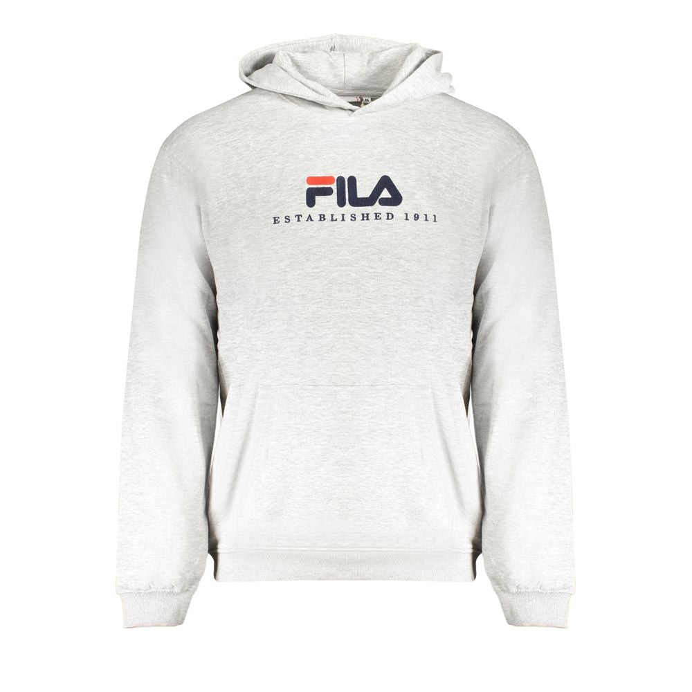 Gray Fila men's cotton hoodie with front pocket and drawstrings, casual and comfortable for everyday wear.
