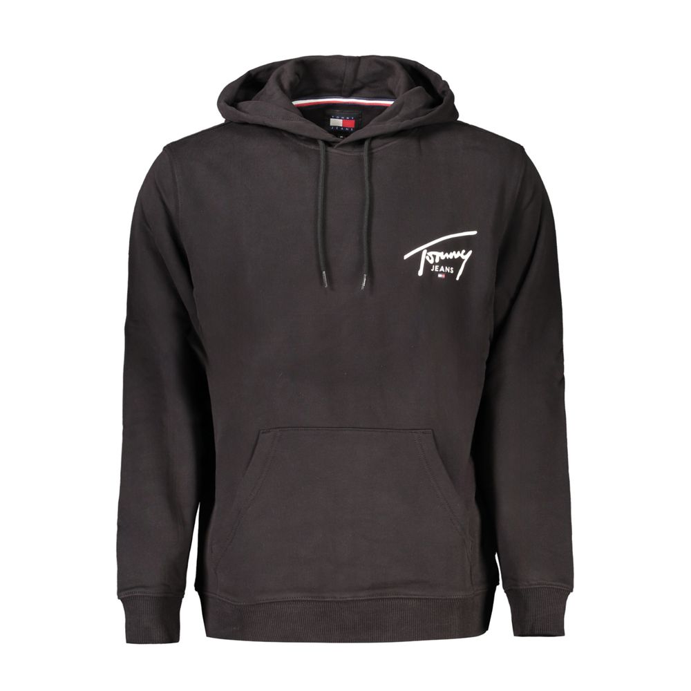 Black cotton men's sweater by Tommy Hilfiger, featuring a classic fit and ribbed cuffs, displayed on a hanger.