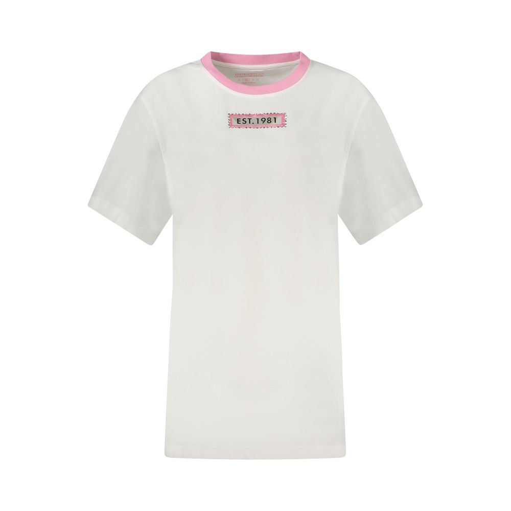 White cotton women's T-shirt by Guess Jeans featuring a classic crew neck and short sleeves, casual and comfortable for everyday wear.