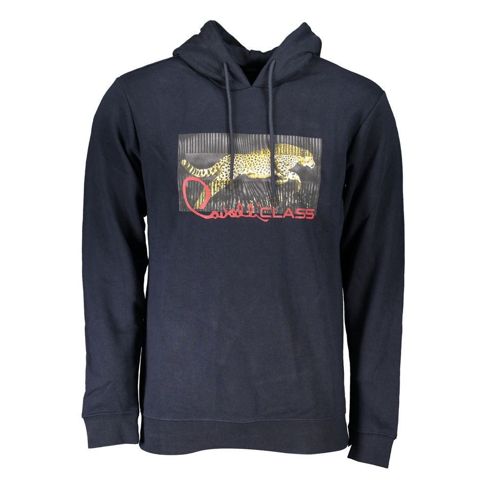 Blue cotton men's sweatshirt by Cavalli Class with a relaxed fit and subtle branding, displayed on a hanger.
