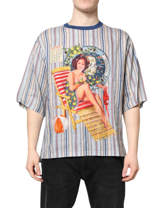Dolce & Gabbana Multicolor Striped Pin Up Linen Round Neck T-shirt Dolce & Gabbana