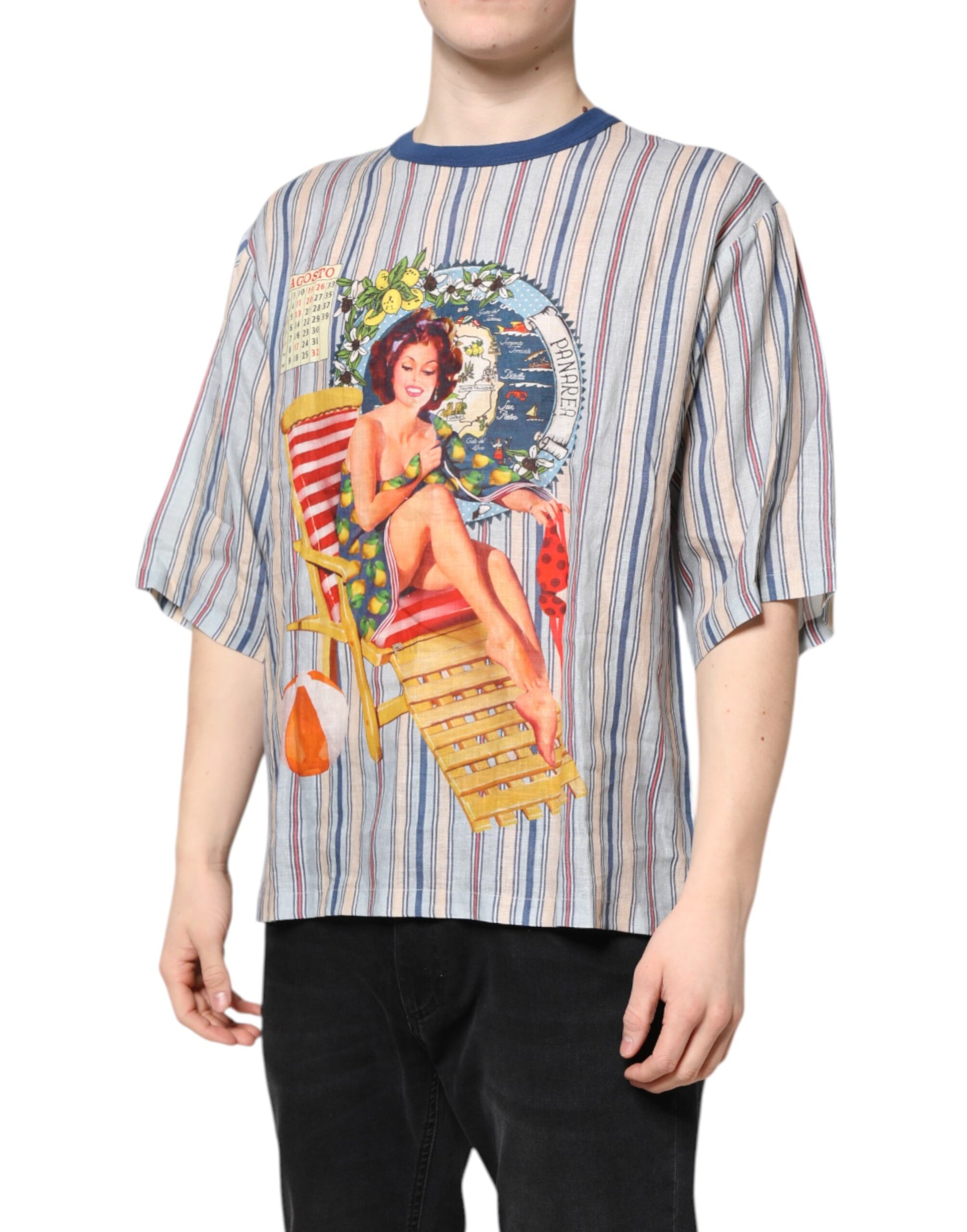Dolce & Gabbana Multicolor Striped Pin Up Linen Round Neck T-shirt Dolce & Gabbana