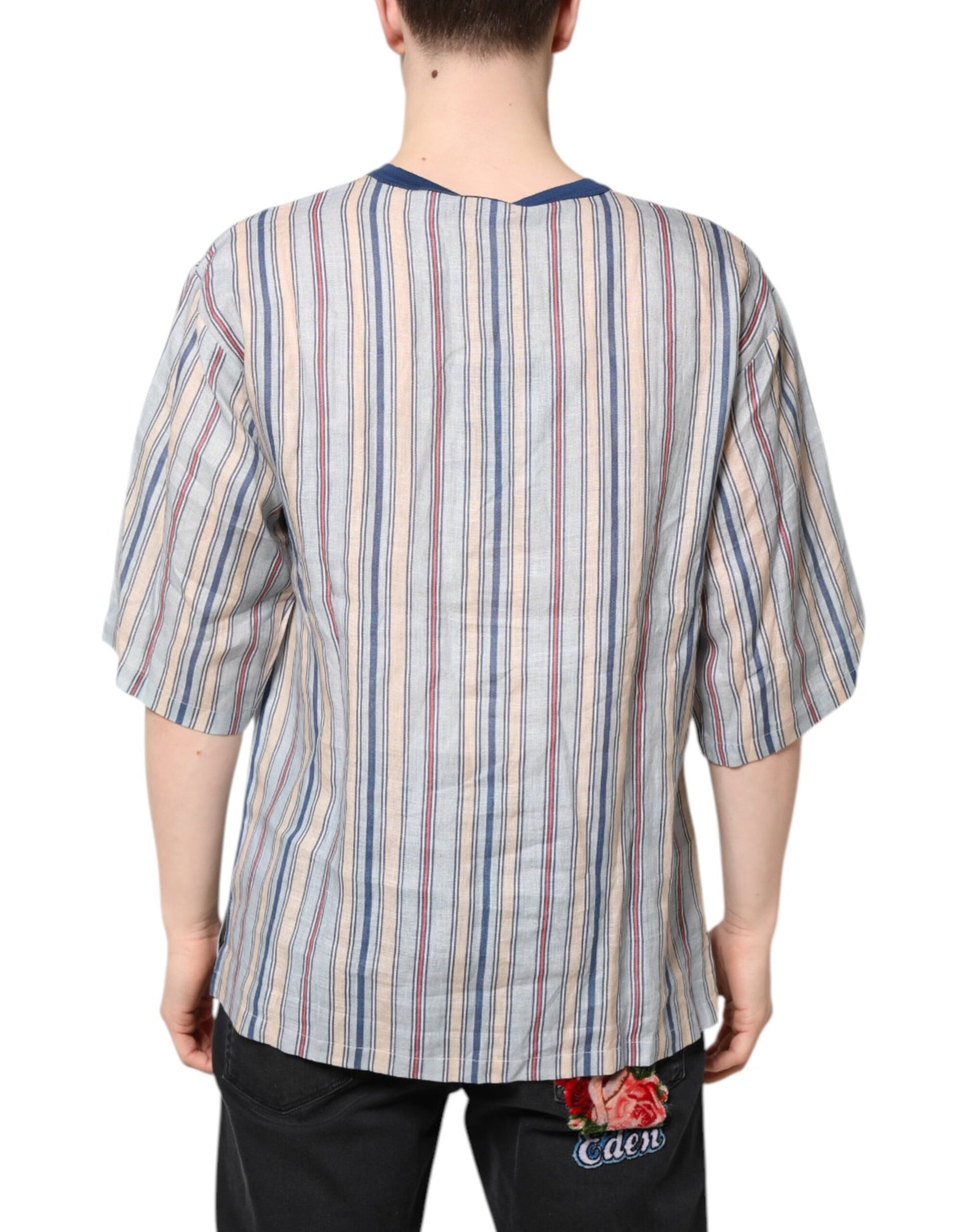 Dolce & Gabbana Multicolor Striped Pin Up Linen Round Neck T-shirt Dolce & Gabbana