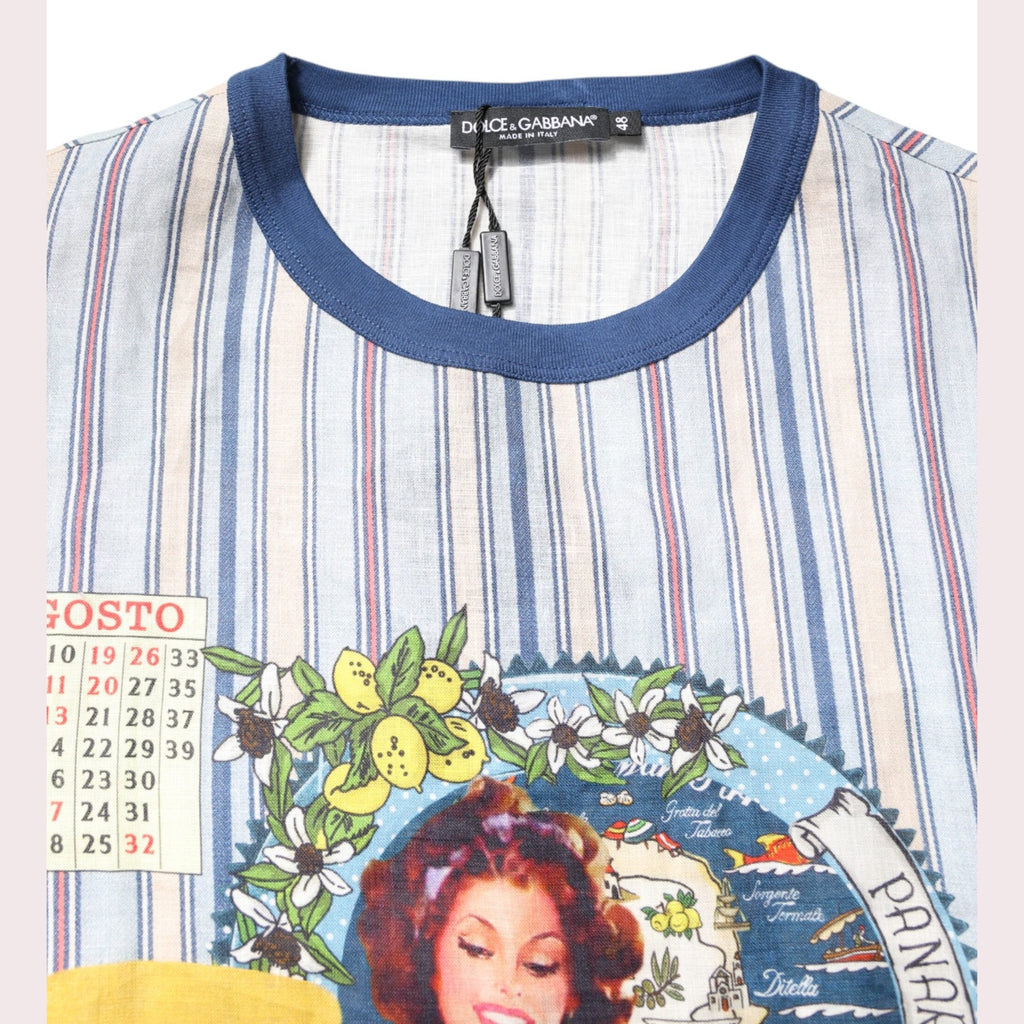 Dolce & Gabbana Multicolor Striped Pin Up Linen Round Neck T-shirt