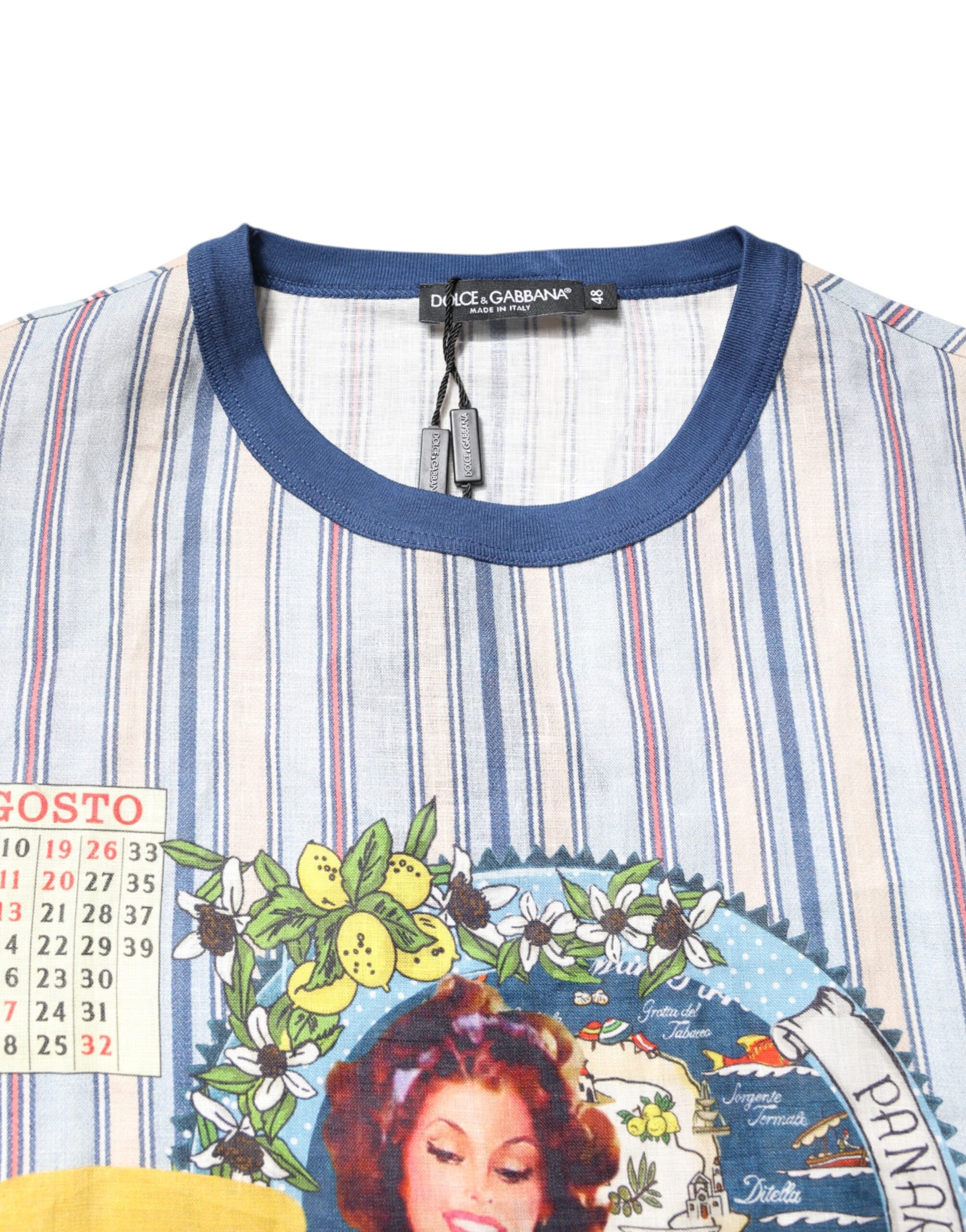 Dolce & Gabbana Multicolor Striped Pin Up Linen Round Neck T-shirt Dolce & Gabbana