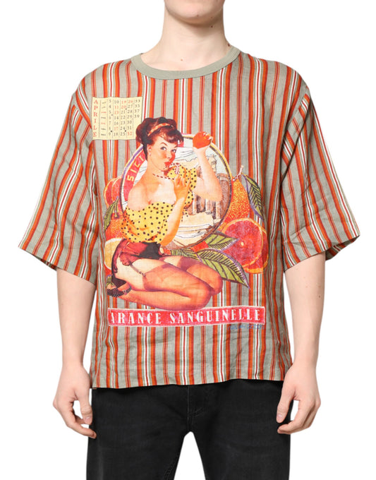 Dolce & Gabbana Multicolor Striped Graphic Linen Round Neck T-shirt Dolce & Gabbana