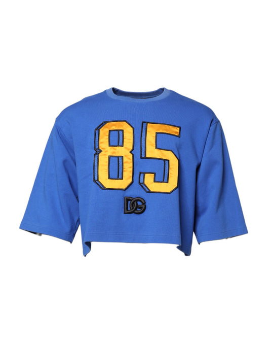 Dolce & Gabbana Blue Printed Cotton Cropped Crew Neck T-shirt Dolce & Gabbana