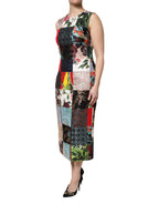 Dolce & Gabbana multicolor patchwork sleeveless sheath dress hanging on a mannequin, showcasing vibrant fabric and stylish design.