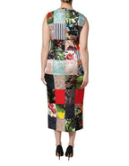 Dolce & Gabbana multicolor patchwork sleeveless sheath dress displayed on a hanger, highlighting vibrant fabric and fitted silhouette.