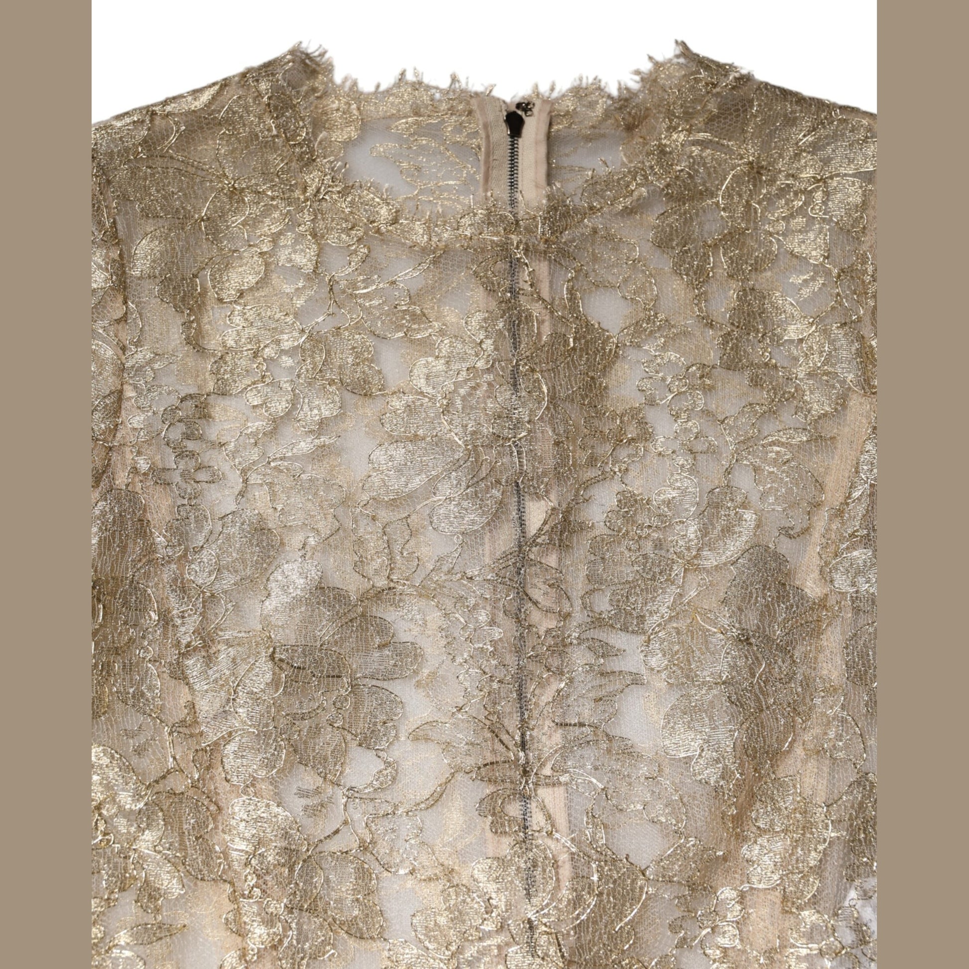 Dolce & Gabbana Gold Floral Lace Long Sleeves Fit & Flare Dress