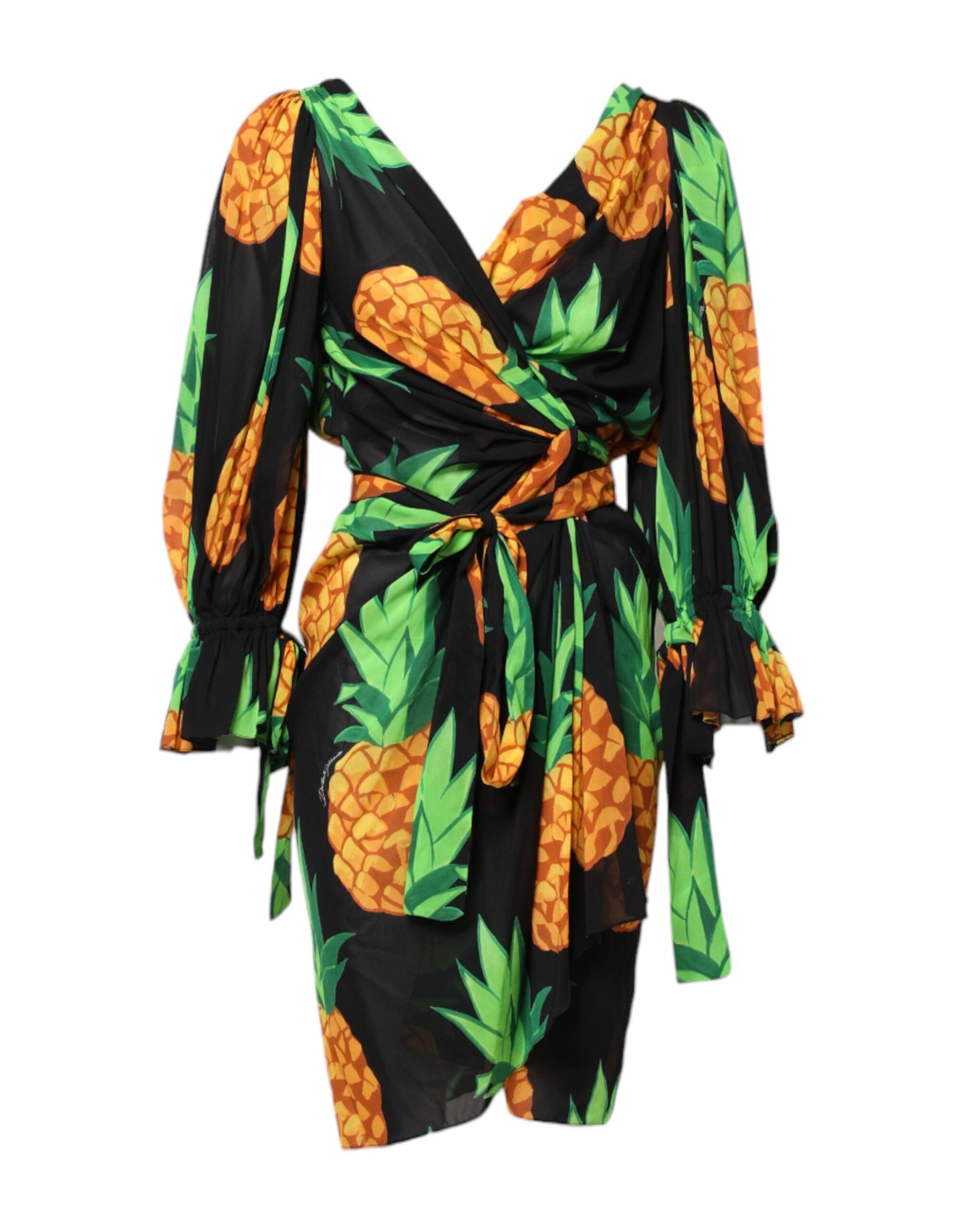 Dolce & Gabbana Black Pineapple Print Silk Wrap Mini Dress Dolce & Gabbana