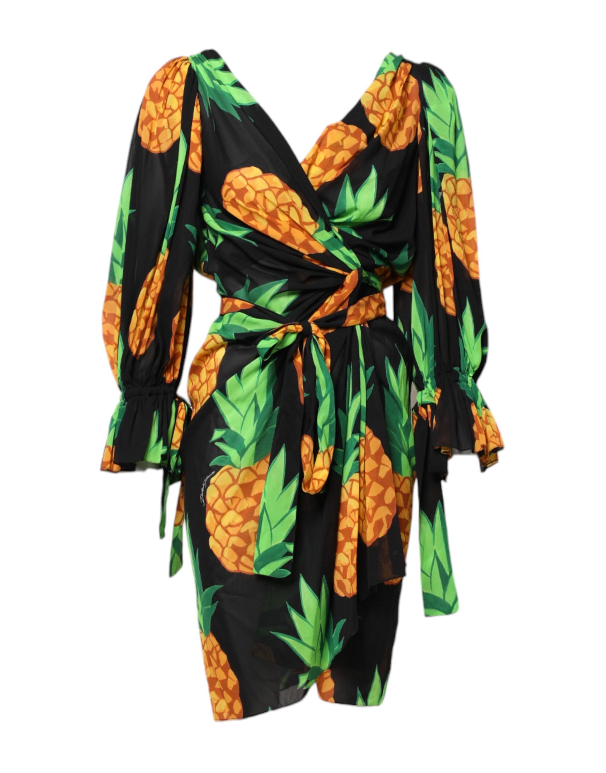 Dolce & Gabbana Black Pineapple Print Silk Wrap Mini Dress Dolce & Gabbana