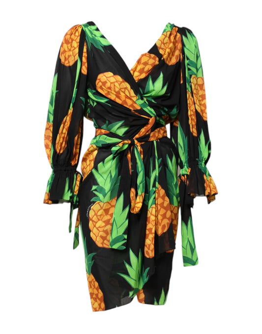 Dolce & Gabbana Black Pineapple Print Silk Wrap Mini Dress Dolce & Gabbana