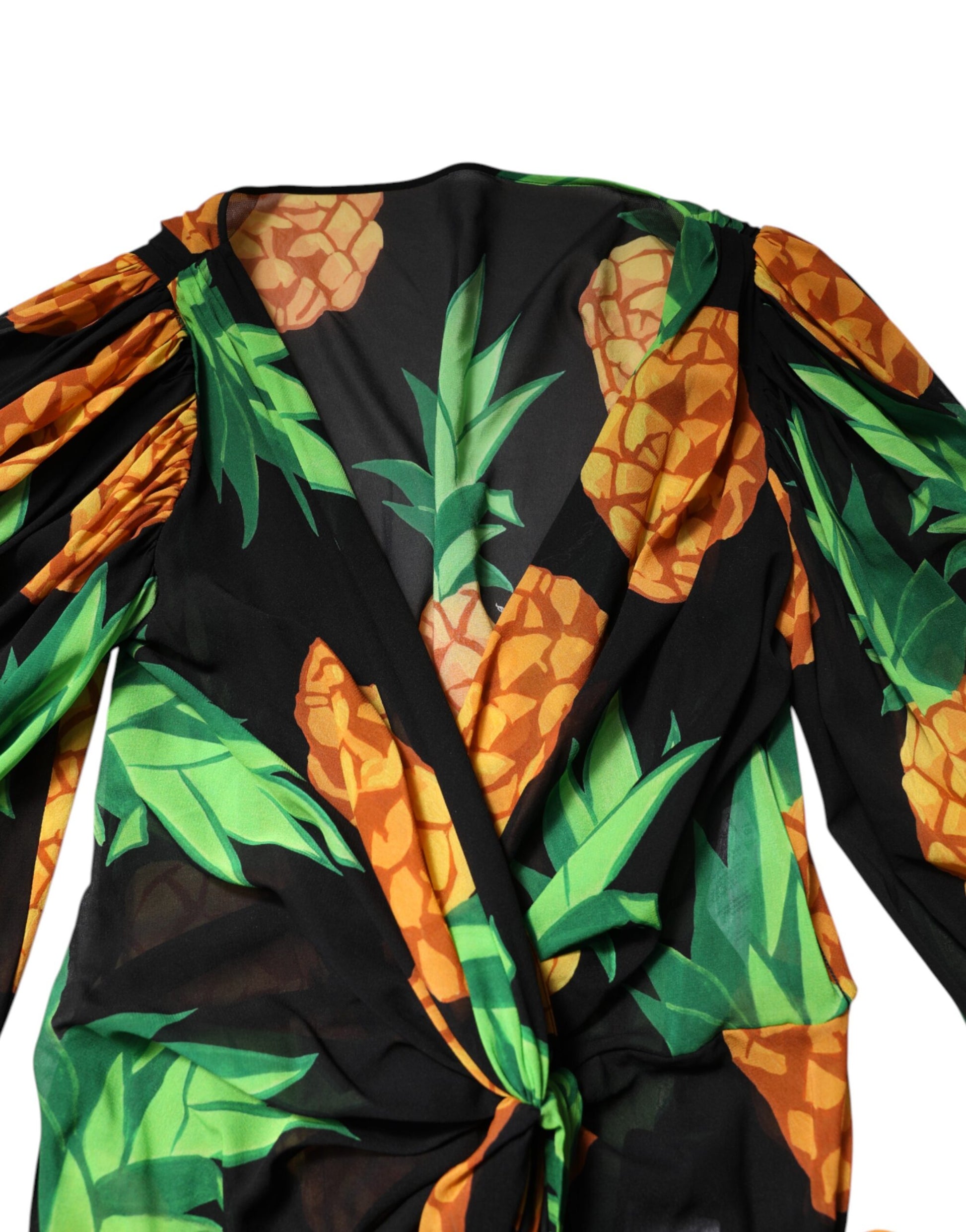 Dolce & Gabbana Black Pineapple Print Silk Wrap Mini Dress Dolce & Gabbana