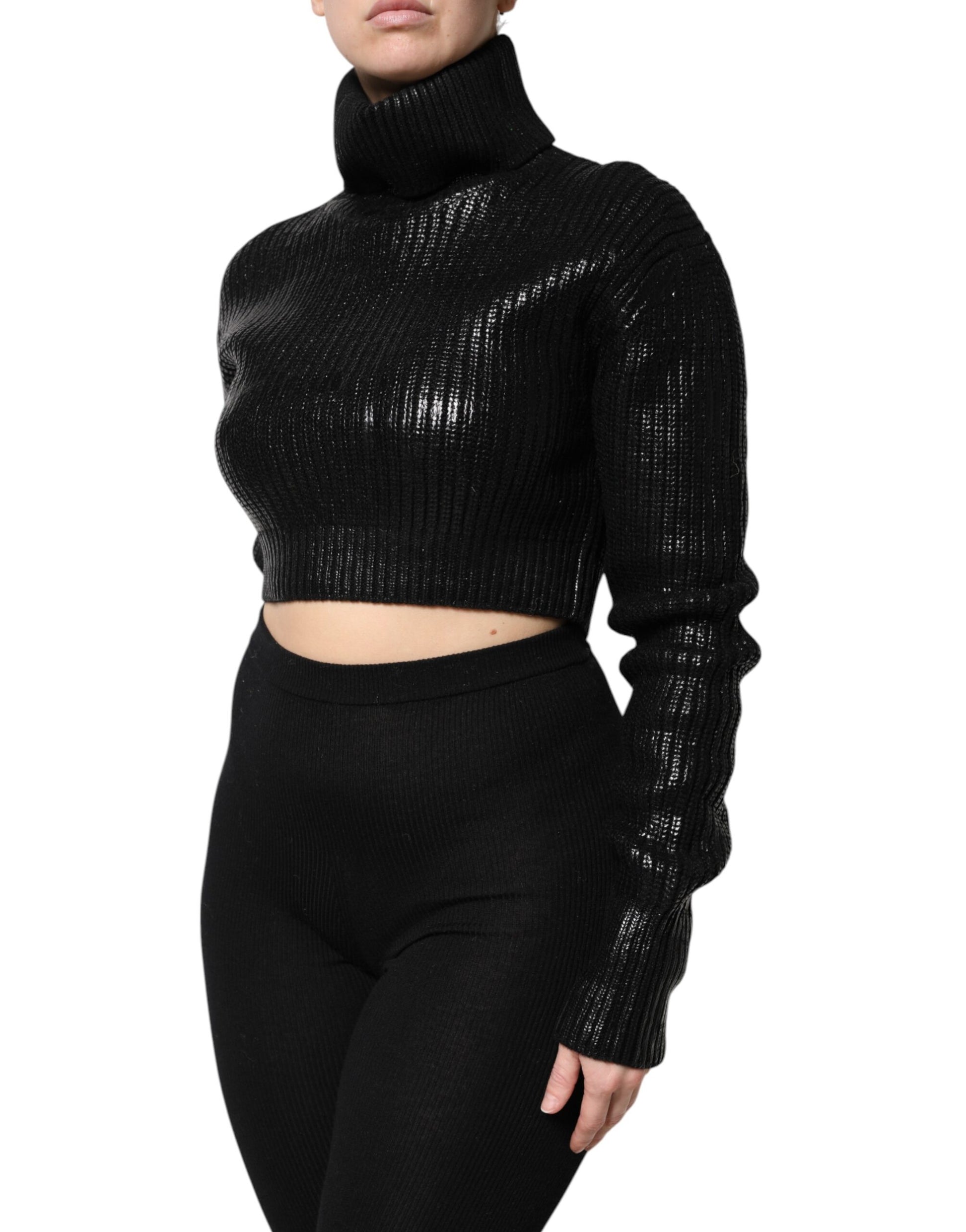 Dolce & Gabbana Black Wool Long Sleeve Turtleneck Cropped Top Dolce & Gabbana