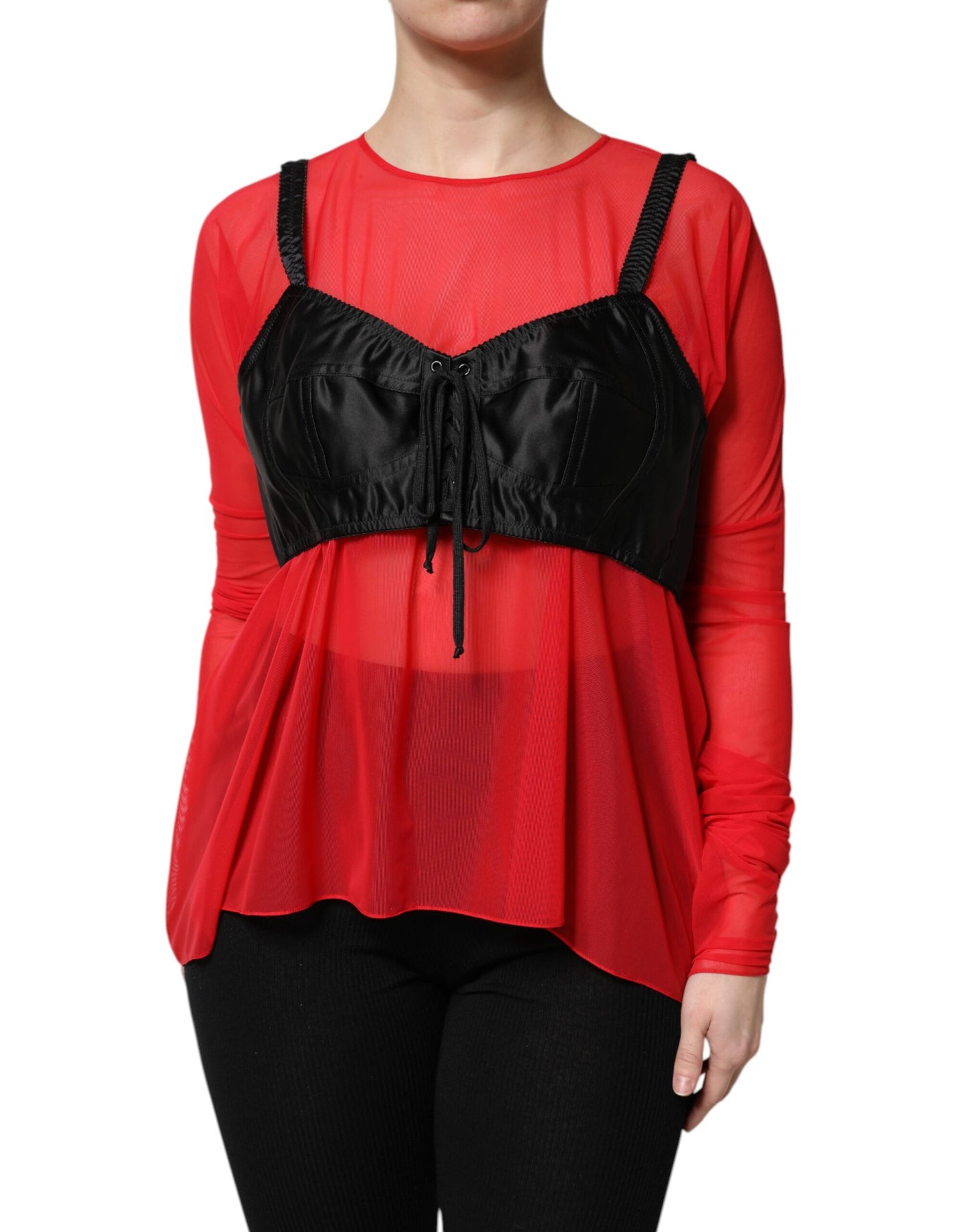 Dolce & Gabbana Red Black Bustier Detailing Long Sleeves Top Dolce & Gabbana