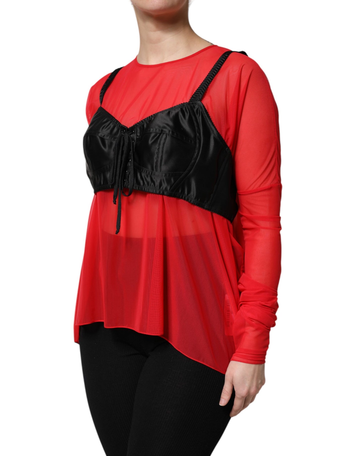 Dolce & Gabbana Red Black Bustier Detailing Long Sleeves Top Dolce & Gabbana