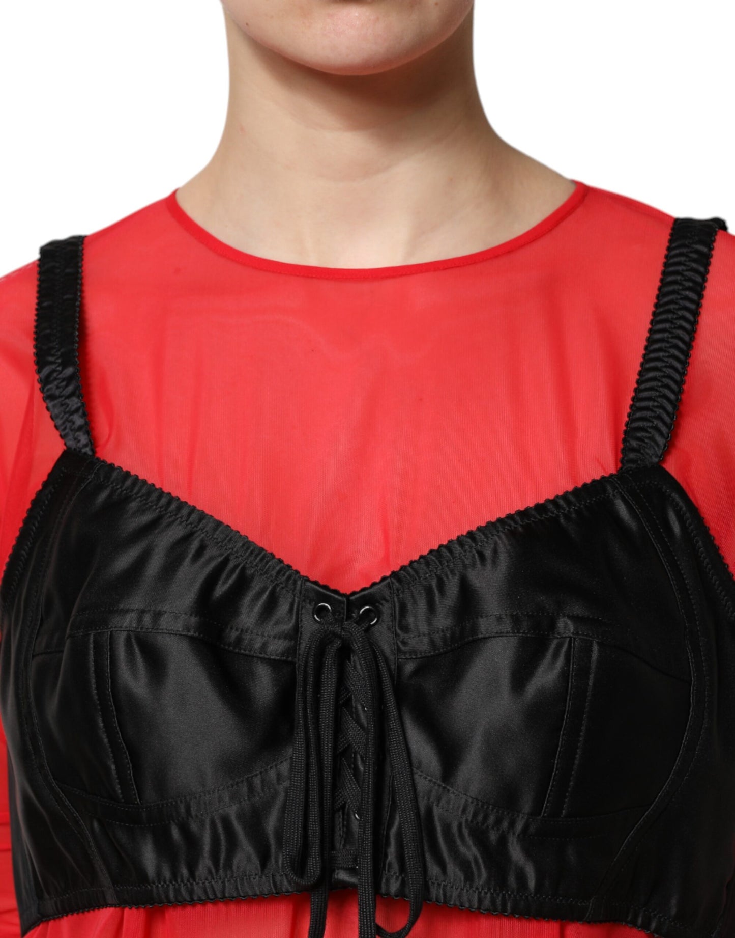 Dolce & Gabbana Red Black Bustier Detailing Long Sleeves Top Dolce & Gabbana