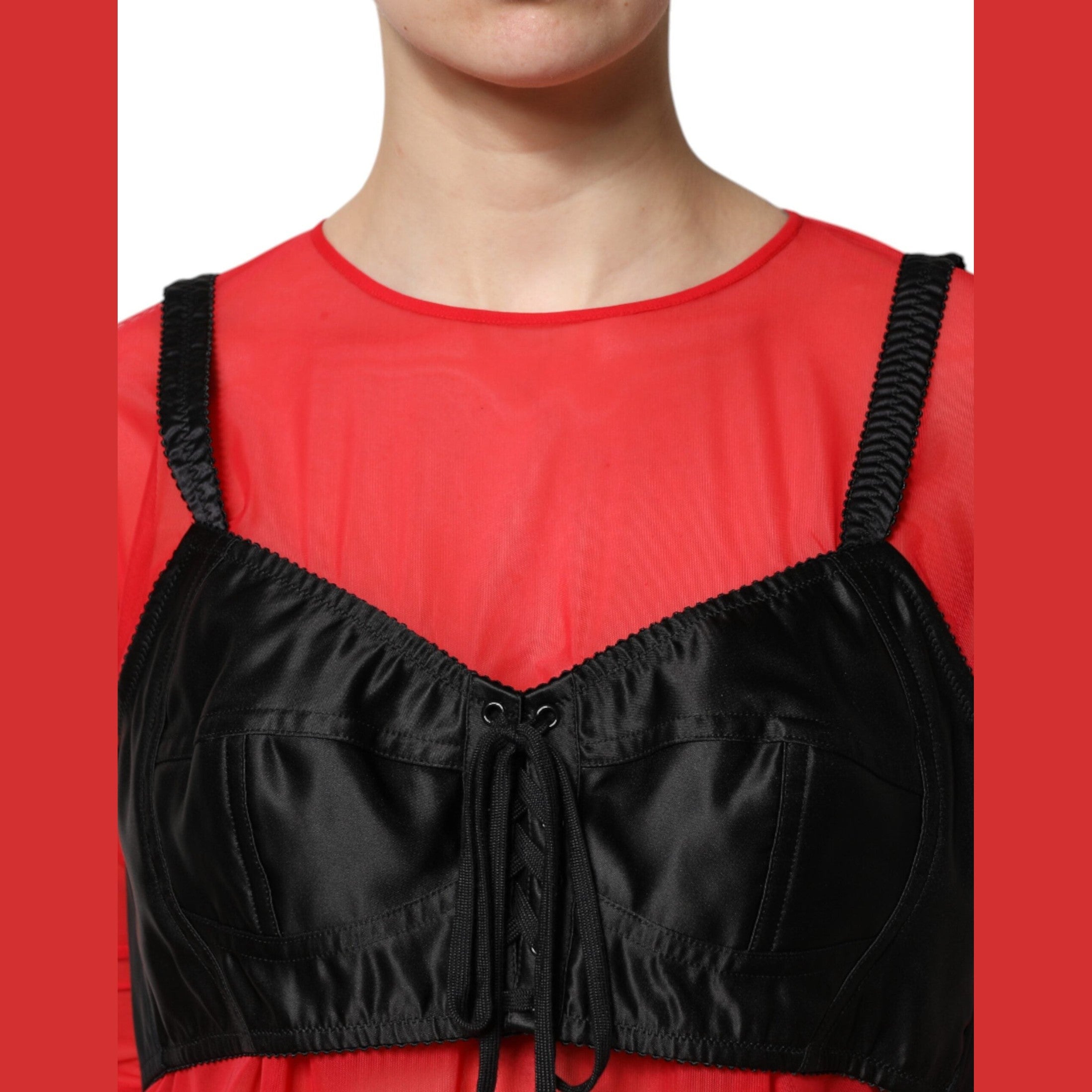 Dolce & Gabbana Red Black Bustier Detailing Long Sleeves Top