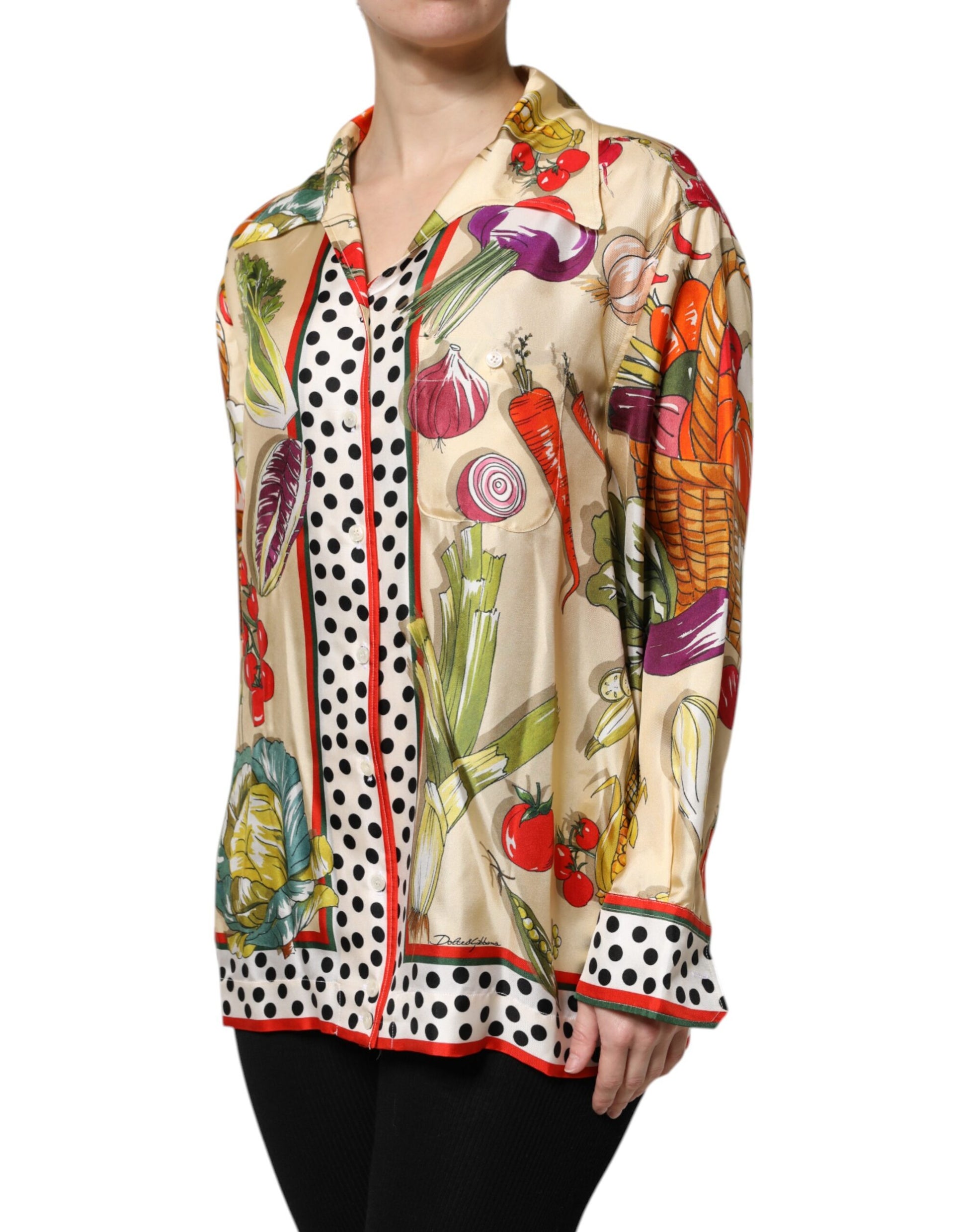 Dolce & Gabbana Multicolor Vegetables Silk Long Sleeves Top Dolce & Gabbana