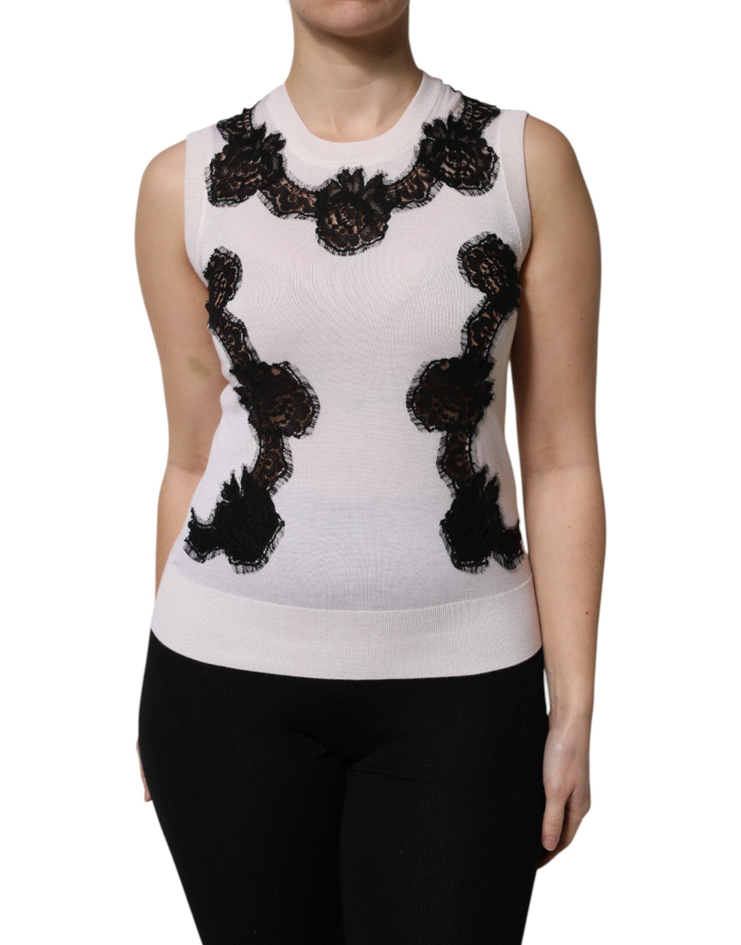 Dolce & Gabbana White Cashmere Floral Lace Detailing Tank Top Dolce & Gabbana