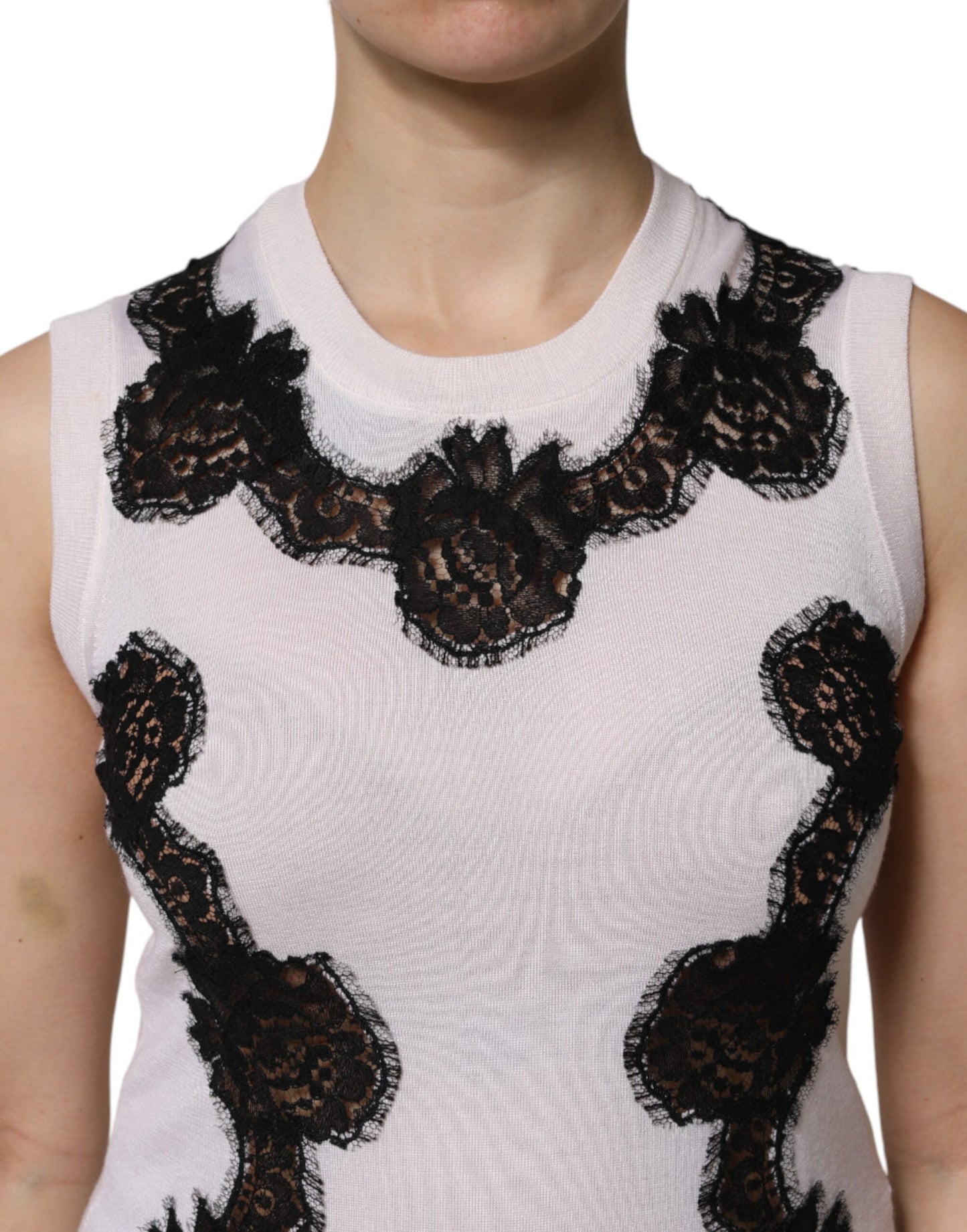 Dolce & Gabbana White Cashmere Floral Lace Detailing Tank Top Dolce & Gabbana
